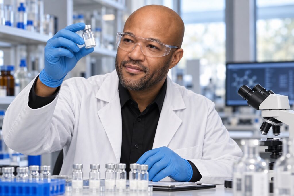 Okorie Okorocha examining a laboratory sample vial beside a microscope