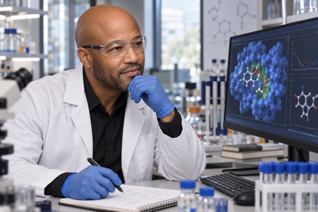 Okorie Okorocha reviewing a molecular pharmacology model on a laboratory monitor