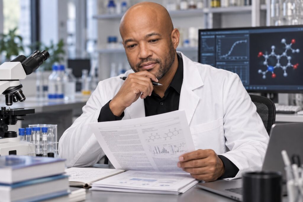 Okorie Okorocha reviewing pharmacology research and analytical data in a laboratory